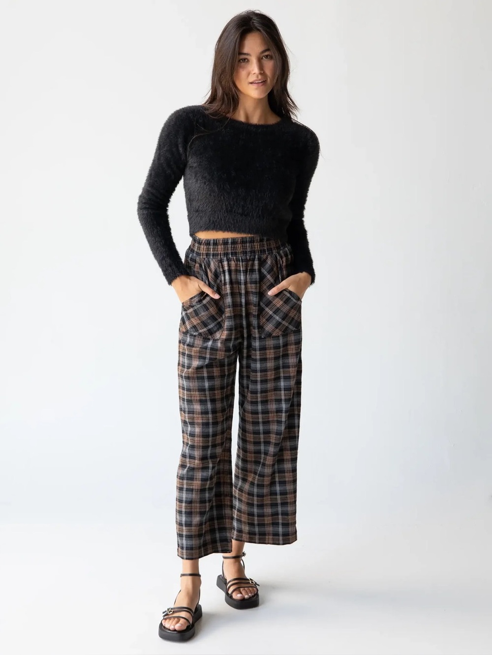NATURAL LIFE Black and Brown Plaid Wide Leg Pull-On Pants